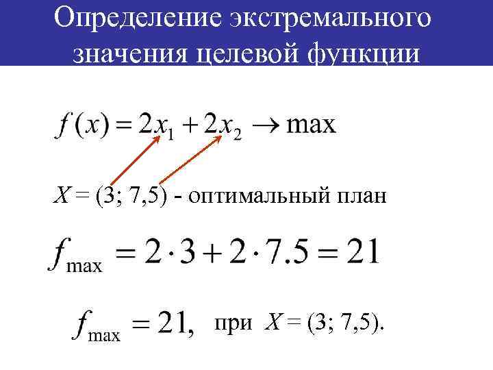 Определение экстремального значения целевой функции X = (3; 7, 5) - оптимальный план при