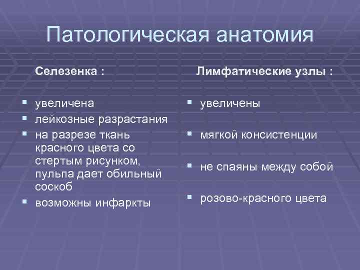 Патологическая анатомия Селезенка : § увеличена § лейкозные разрастания § на разрезе ткань красного