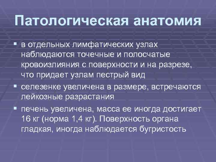 Патологическая анатомия § в отдельных лимфатических узлах наблюдаются точечные и полосчатые кровоизлияния с поверхности