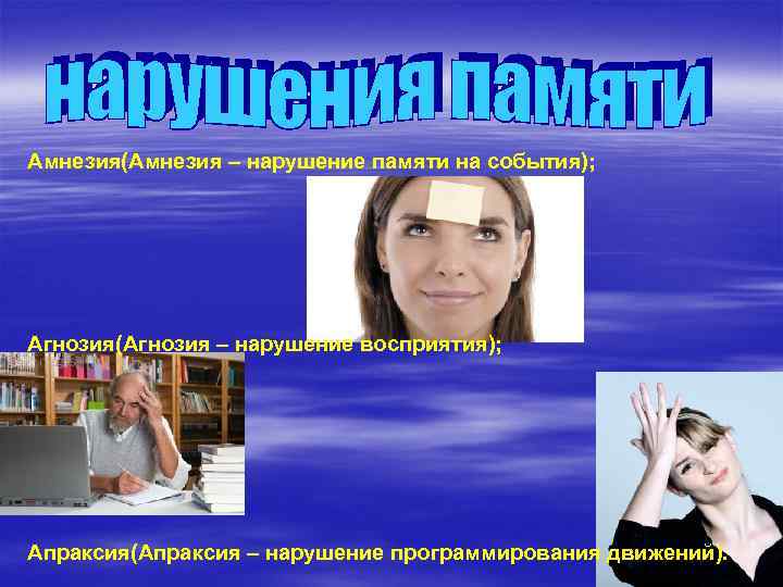 Амнезия(Амнезия – нарушение памяти на события); Агнозия(Агнозия – нарушение восприятия); Апраксия(Апраксия – нарушение программирования