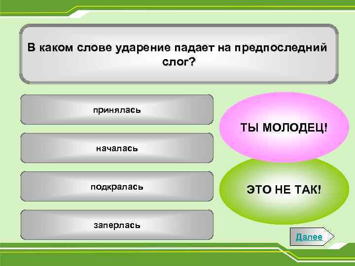 В каком слове ударение падает на предпоследний слог? принялась ТЫ МОЛОДЕЦ! началась подкралась ЭТО