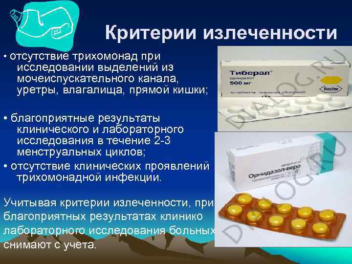 Критерии излеченности • отсутствие трихомонад при исследовании выделений из мочеиспускательного канала, уретры, влагалища, прямой