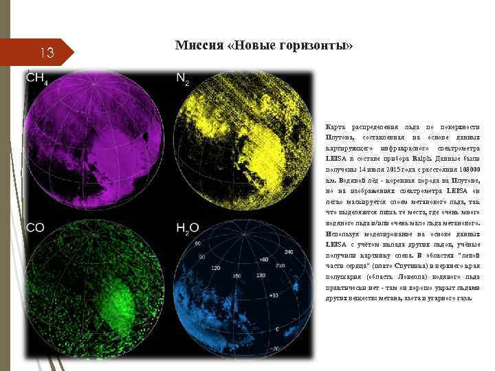 13 Миссия «Новые горизонты» Карта распределения Плутона, составленная картирующего льда на по поверхности основе