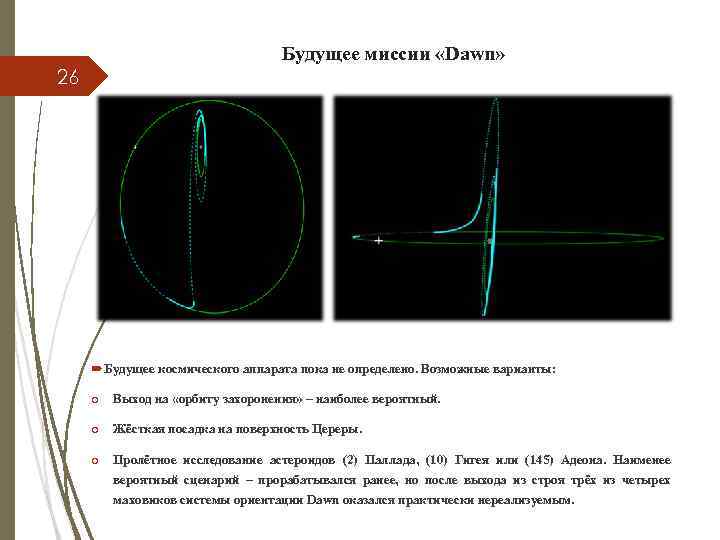 Будущее миссии «Dawn» 26 Будущее космического аппарата пока не определено. Возможные варианты: o Выход