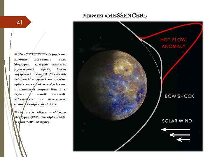 41 КА «MESSENGER» осуществил изучение магнитного поля Меркурия, который является единственной, кроме, Земли внутренней
