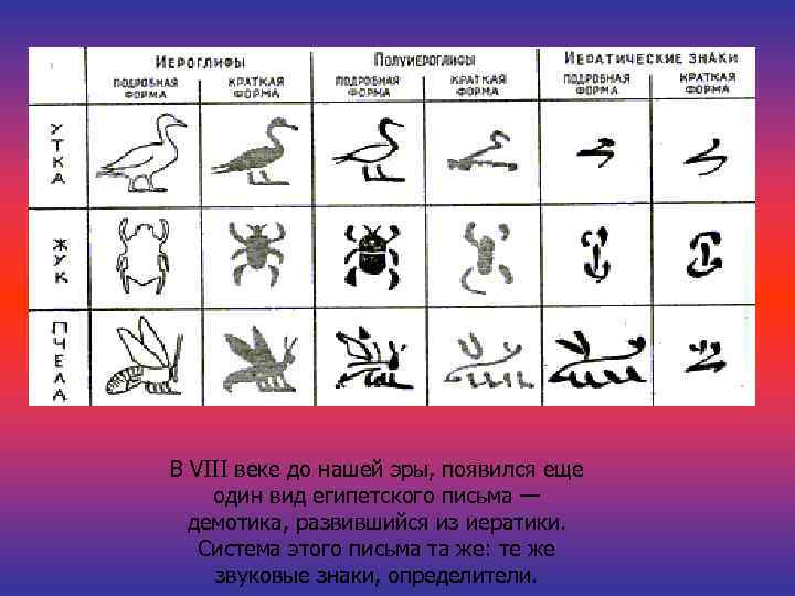 В VIII веке до нашей эры, появился еще один вид египетского письма — демотика,