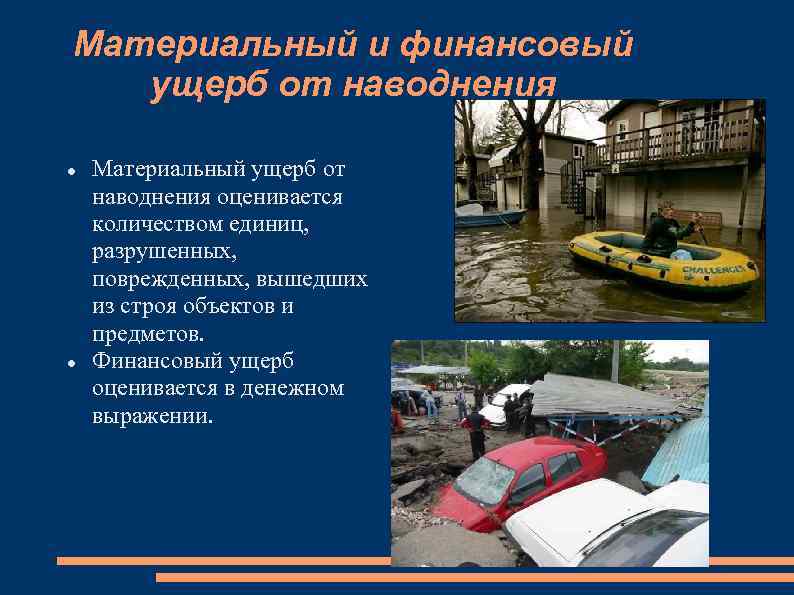 Материальный и финансовый ущерб от наводнения Материальный ущерб от наводнения оценивается количеством единиц, разрушенных,