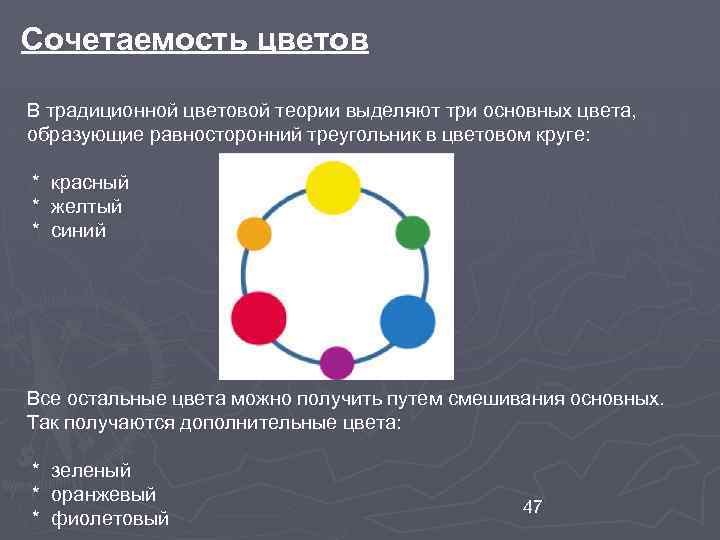 Сочетаемость цветов В традиционной цветовой теории выделяют три основных цвета, образующие равносторонний треугольник в