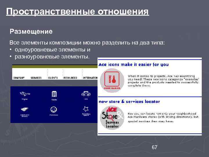 Пространственные отношения Размещение Все элементы композиции можно разделить на два типа: • одноуровневые элементы