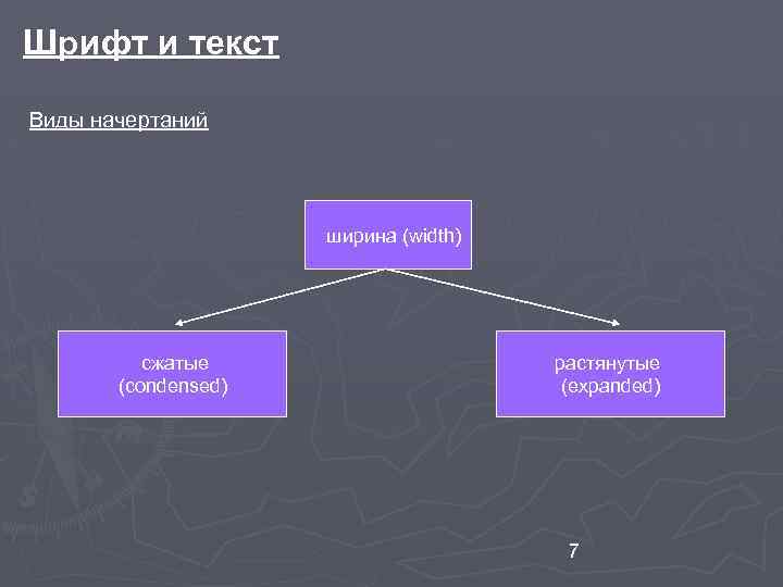 Шрифт и текст Виды начертаний ширина (width) сжатые (condensed) растянутые (expanded) 7 