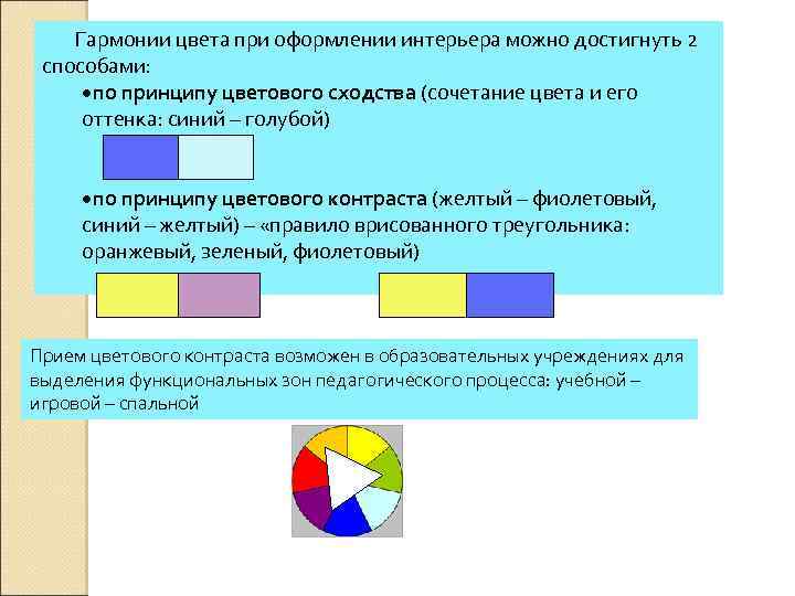 Гармонии цвета при оформлении интерьера можно достигнуть 2 способами: по принципу цветового сходства (сочетание