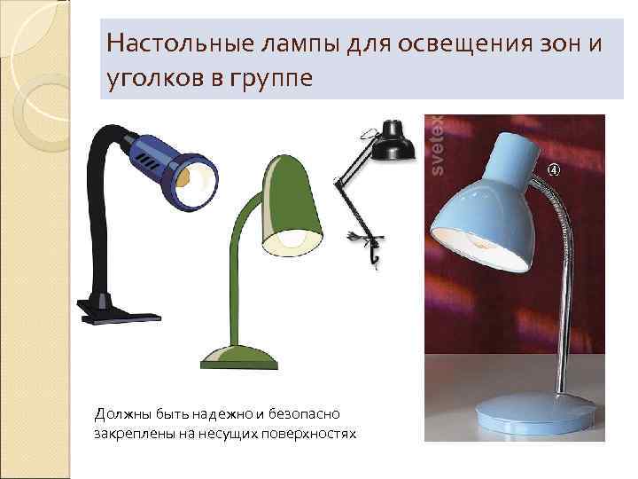 Настольные лампы для освещения зон и уголков в группе Должны быть надежно и безопасно