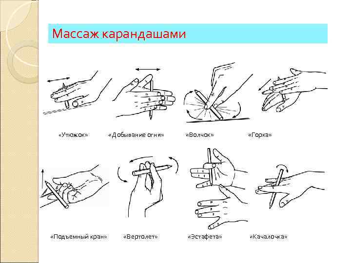 Массаж карандашами «Утюжок» «Подъемный кран» «Добывание огня» «Вертолет» «Волчок» «Горка» «Эстафета» «Качалочка» 