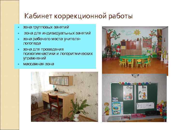 Кабинет коррекционной работы зона групповых занятий зона для индивидуальных занятий зона рабочего места учителялогопеда