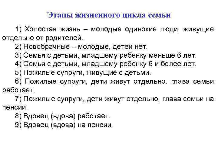 Этапы жизненного цикла семьи 1) Холостая жизнь – молодые одинокие люди, живущие отдельно от