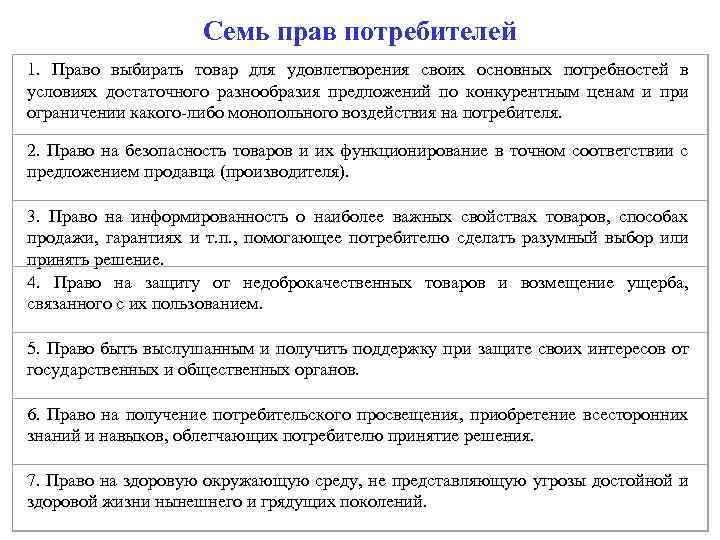 Семь прав потребителей 1. Право выбирать товар для удовлетворения своих основных потребностей в условиях