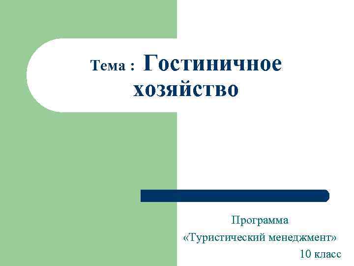 Гостиничное хозяйство Тема : Программа «Туристический менеджмент» 10 класс 