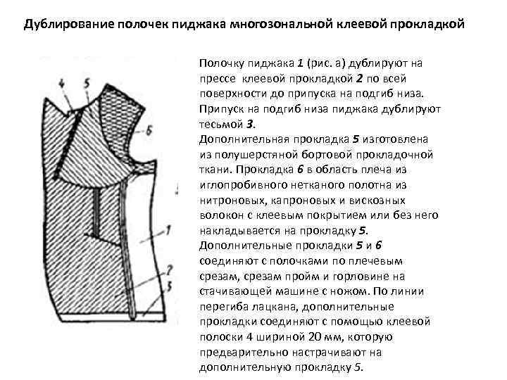 Дублирование полочек пиджака многозональной клеевой прокладкой Полочку пиджака 1 (рис. а) дублируют на прессе
