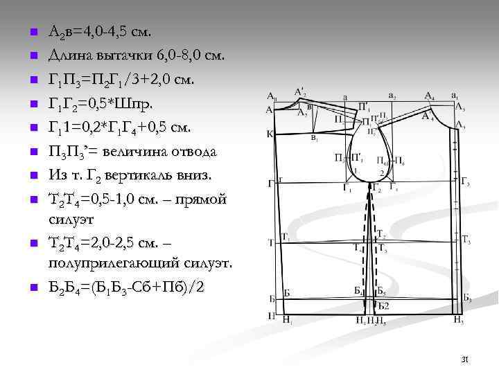 n n n n n А 2 в=4, 0 -4, 5 см. Длина вытачки