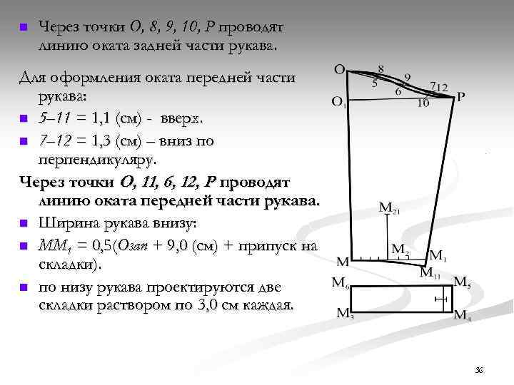 n Через точки О, 8, 9, 10, Р проводят линию оката задней части рукава.