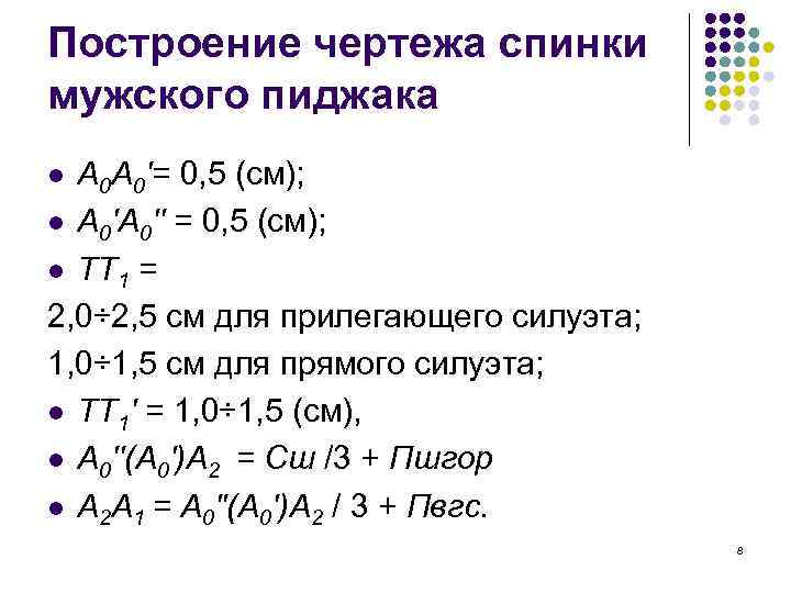 Построение чертежа спинки мужского пиджака А 0 А 0'= 0, 5 (см); l А