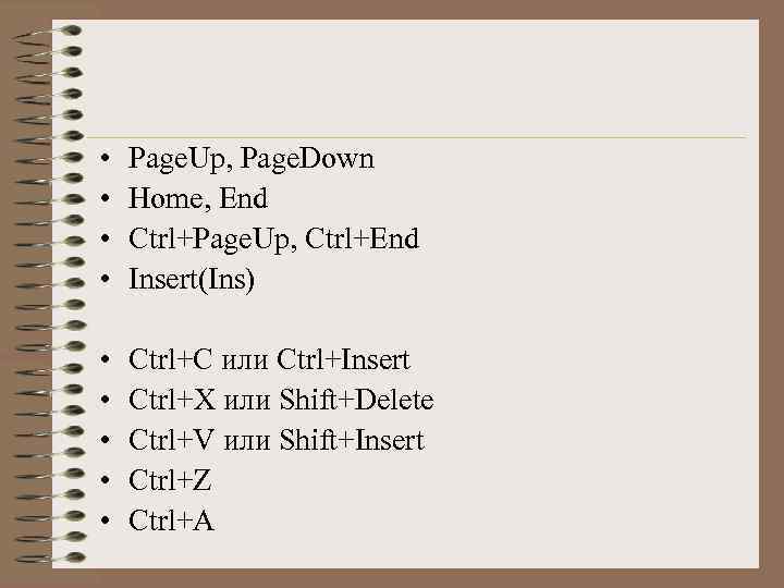 • • Page. Up, Page. Down Home, End Ctrl+Page. Up, Ctrl+End Insert(Ins) •