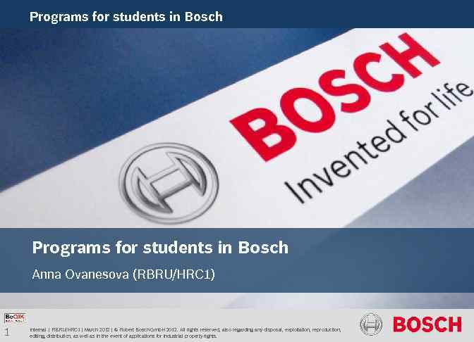Programs for students in Bosch Anna Ovanesova (RBRU/HRC 1) 1 Internal | RBRU/HRC 1