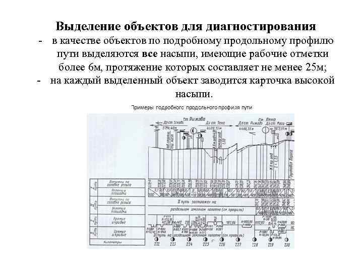 Выделение объектов для диагностирования - в качестве объектов по подробному продольному профилю пути выделяются