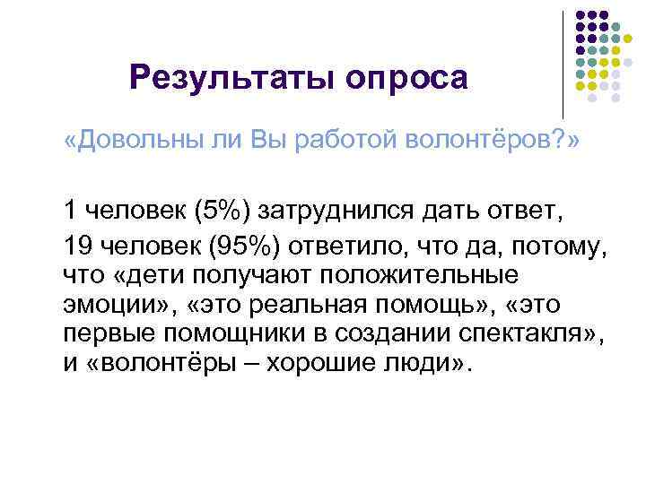 Результаты опроса «Довольны ли Вы работой волонтёров? » 1 человек (5%) затруднился дать ответ,