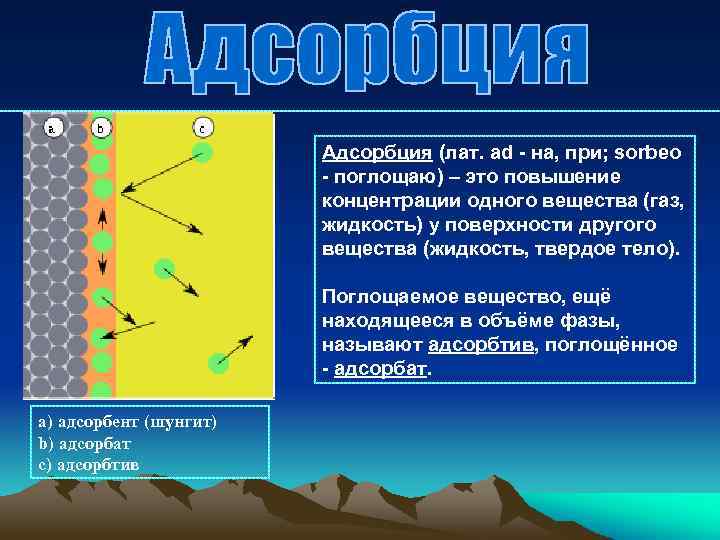 Адсорбция (лат. ad - на, при; sorbeo - поглощаю) – это повышение концентрации одного