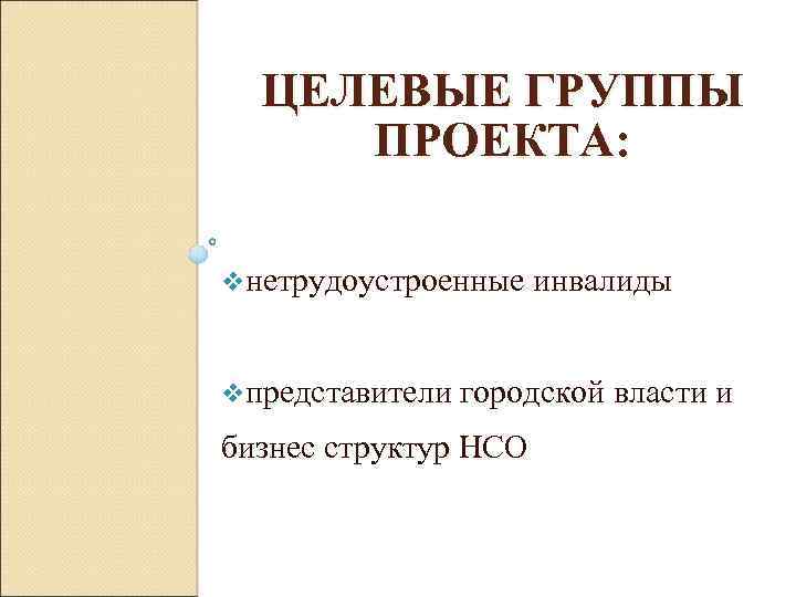 ЦЕЛЕВЫЕ ГРУППЫ ПРОЕКТА: vнетрудоустроенные инвалиды vпредставители городской власти и бизнес структур НСО 