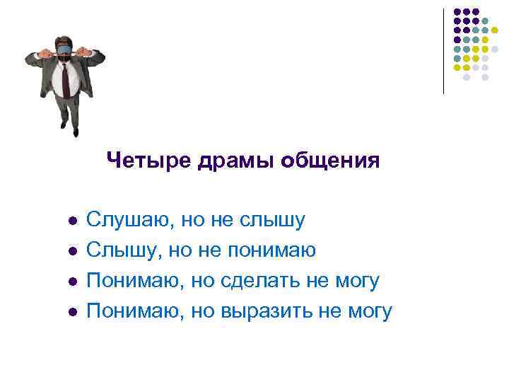 Четыре драмы общения l l Слушаю, но не слышу Слышу, но не понимаю Понимаю,