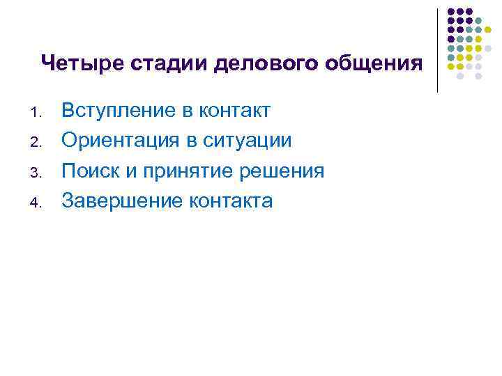 Четыре стадии делового общения 1. 2. 3. 4. Вступление в контакт Ориентация в ситуации