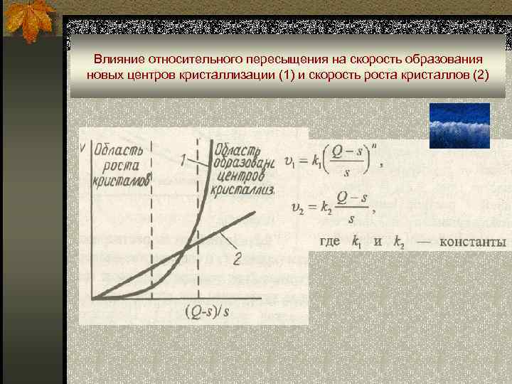 Влияние относительного пересыщения на скорость образования новых центров кристаллизации (1) и скорость роста кристаллов
