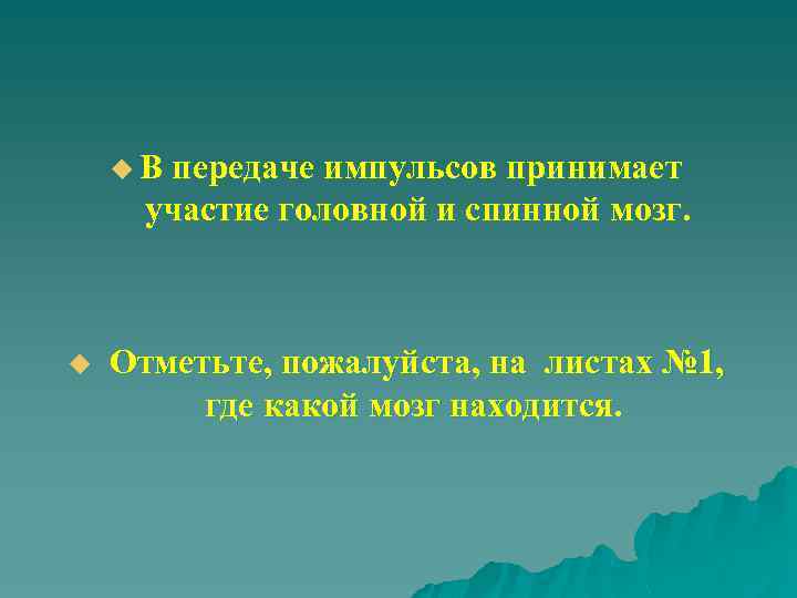 u В передаче импульсов принимает участие головной и спинной мозг. u Отметьте, пожалуйста, на