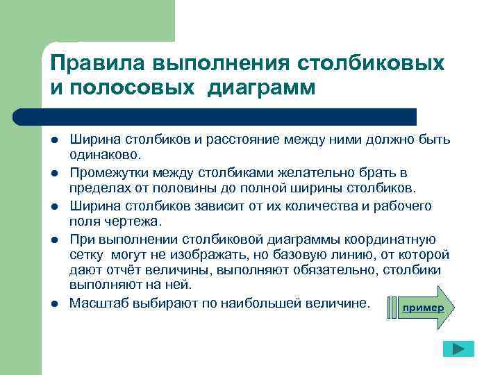 Правила выполнения столбиковых и полосовых диаграмм l  Ширина столбиков и расстояние между ними