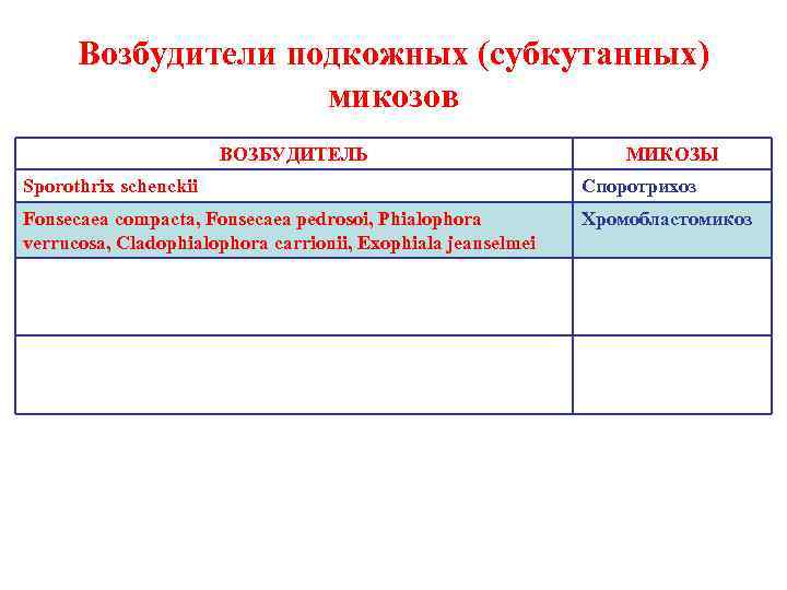  Возбудители подкожных (субкутанных)     микозов    ВОЗБУДИТЕЛЬ 