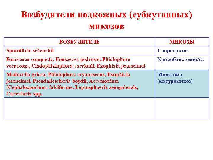  Возбудители подкожных (субкутанных)     микозов    ВОЗБУДИТЕЛЬ 