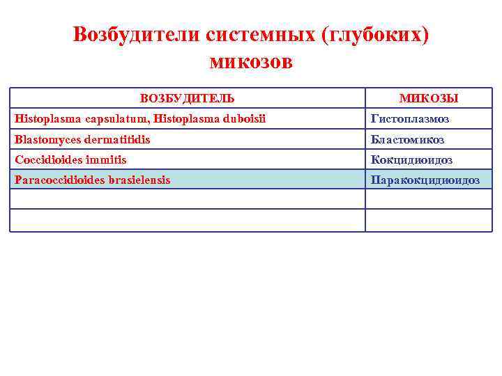    Возбудители системных (глубоких)    микозов    ВОЗБУДИТЕЛЬ