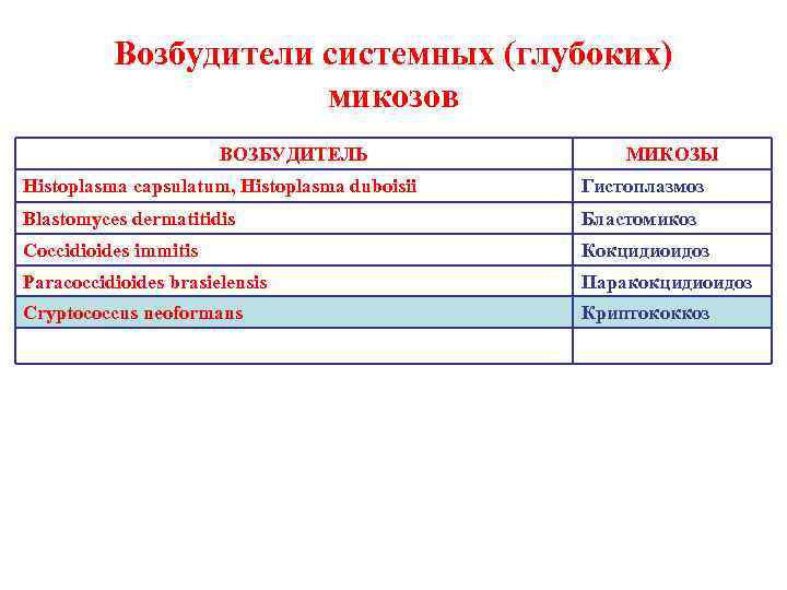    Возбудители системных (глубоких)    микозов    ВОЗБУДИТЕЛЬ