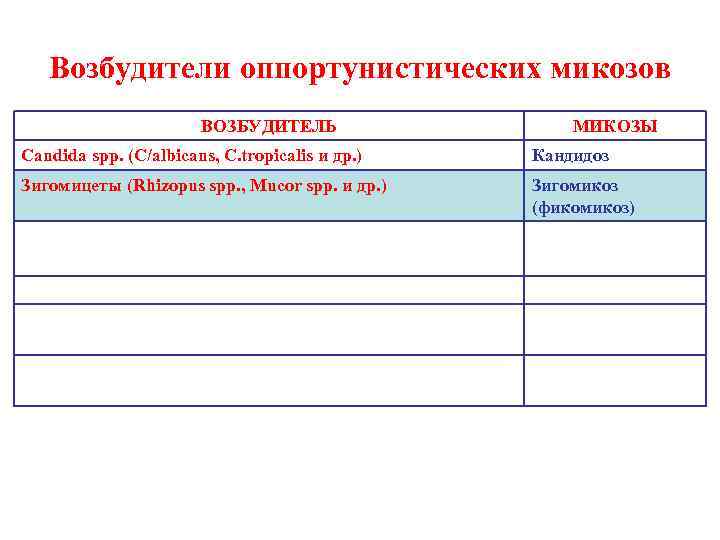   Возбудители оппортунистических микозов    ВОЗБУДИТЕЛЬ   МИКОЗЫ Candida spp.