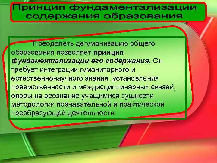  Преодолеть дегуманизацию общего образования позволяет принцип фундаментализации его содержания. Он требует интеграции гуманитарного