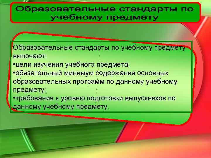Образовательные стандарты по учебному предмету включают:  • цели изучения учебного предмета;  •