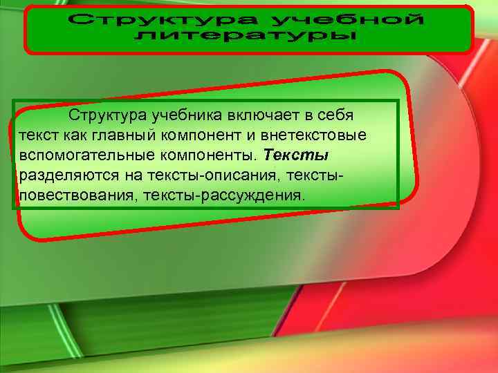   Структура учебника включает в себя текст как главный компонент и внетекстовые вспомогательные