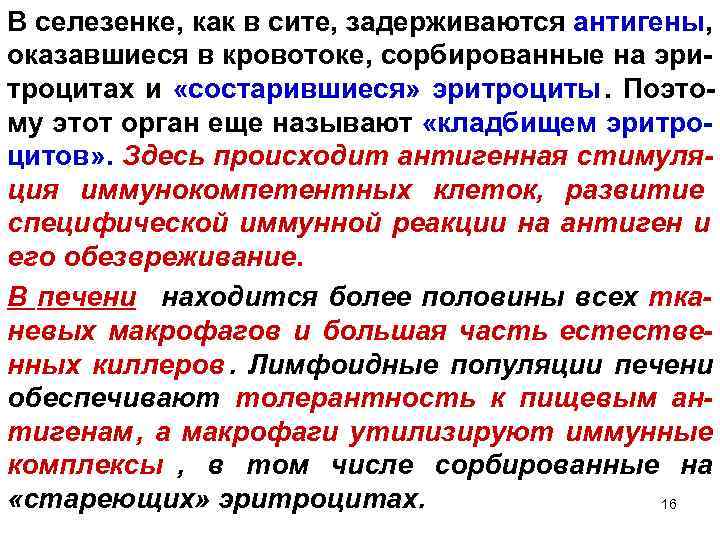 В селезенке, как в сите, задерживаются антигены, оказавшиеся в кровотоке, сорбированные на эри- троцитах