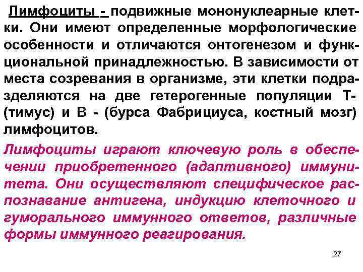  Лимфоциты - подвижные мононуклеарные клет- ки. Они имеют определенные морфологические особенности и отличаются