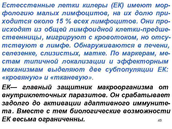 Естесствнные летки килеры (ЕК) имеют мор- фологию малых лимфоцитов, на их долю при- ходится