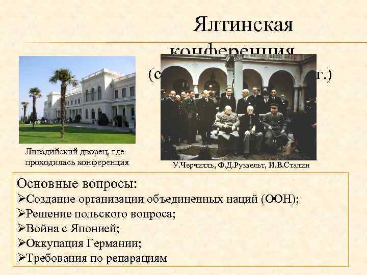 Где проходила ялтинская. Ялтинская конференция 1945 года схема. Ливадийский дворец где проходила Ялтинская конференция. Ялтинская конференция основные вопросы. Послевоенные конференции.