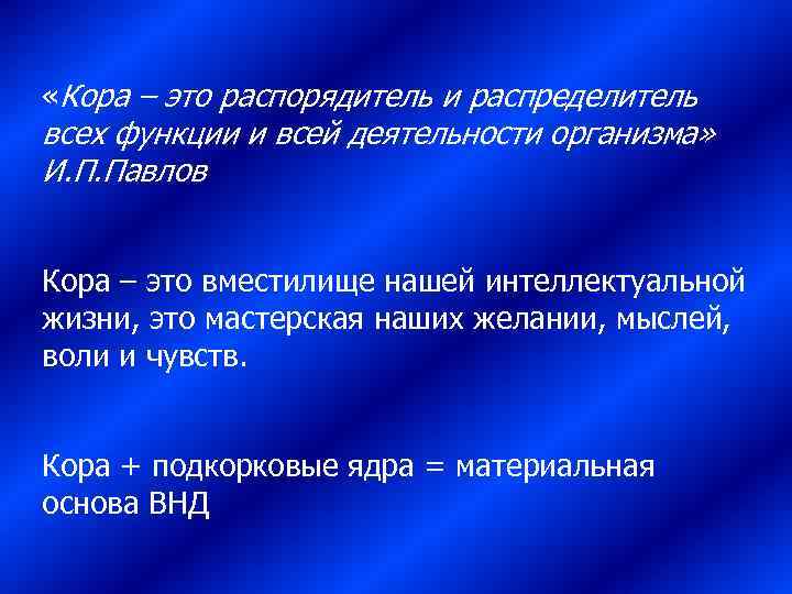  «Кора – это распорядитель и распределитель всех функции и всей деятельности организма» И.