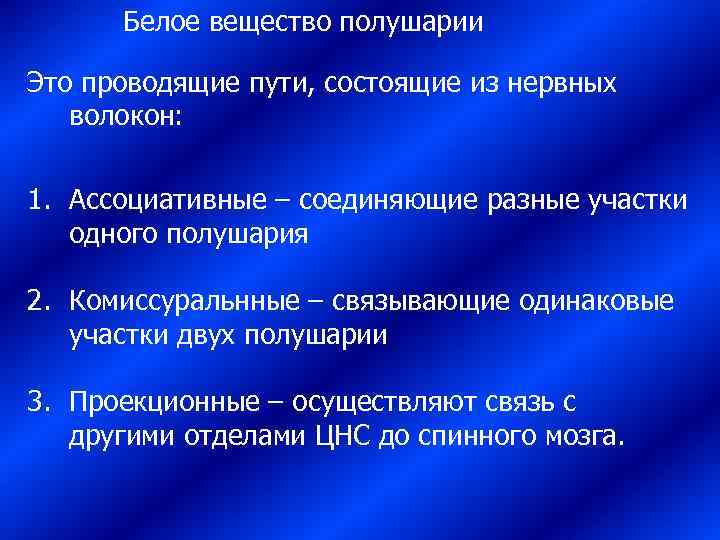  Белое вещество полушарии Это проводящие пути, состоящие из нервных волокон:  1. Ассоциативные